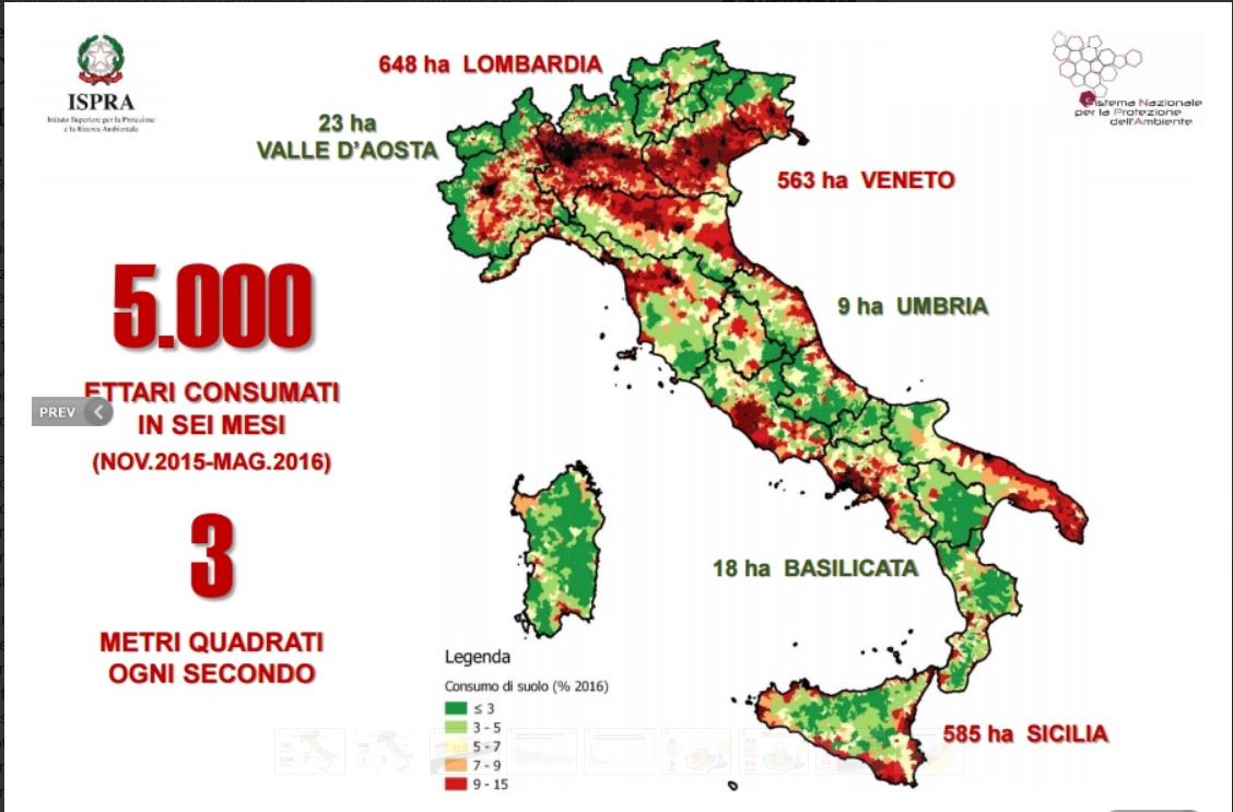 Consumo di suolo, dossier Ispra: in Italia in 6 mesi cementificati 5.000 ettari.