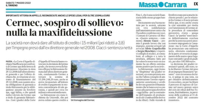 Importante vittoria giudiziaria per CERMEC spa, non dovuti 15 milioni ad un istituto di credito
